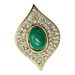 Green Spotted Acrylic Cabochon Clear Rhinestone Gold Tone Teardrop Pendant